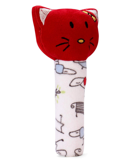 PuddlePop Kitty Face Rattle Soft Toy with Squeeze Handle for Fun Squeaky Sound (Red)