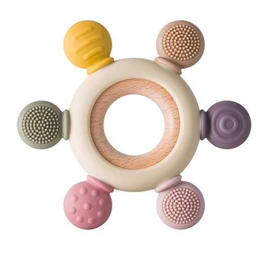 Playbox Infant Wooden Teether, Baby Teething Toys Silicone Teethers Bpa Free Silicone Rudder With Wooden Ring Soothe Babies Gums